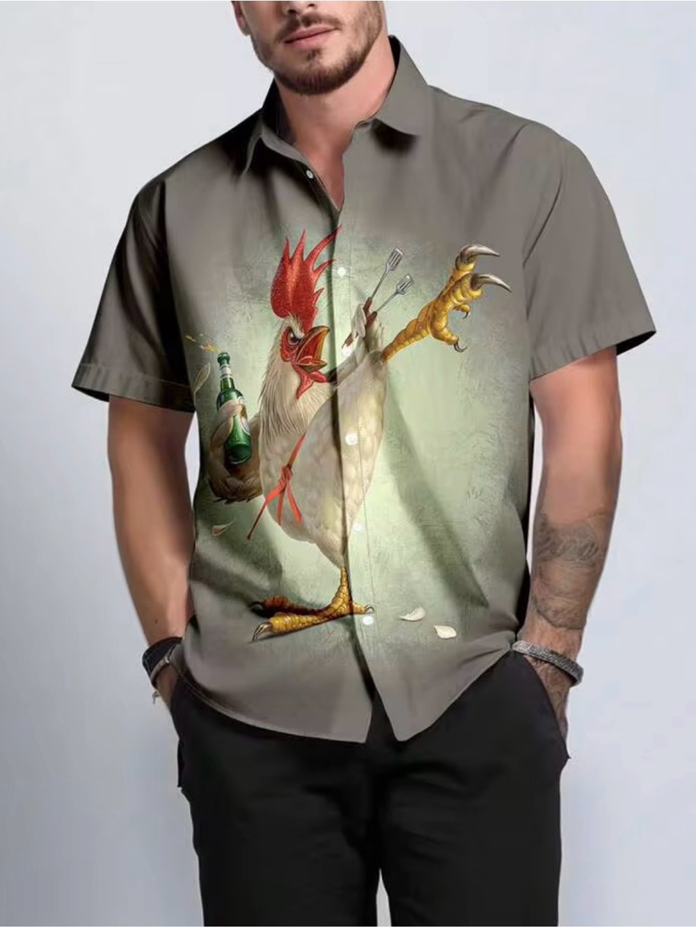 Hardaddy Men's Kung Fu Rooster Graphic Short Sleeve Button-Down Shirt Size 3XL